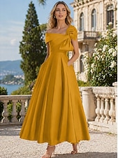 cheap Cocktail Dresses-A-Line Ankle Length Cocktail Dresses Party Dresses Elegant Silky Short Sleeve One Shoulder Wedding Formal Pink Dress Satin with Bow(s)