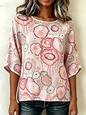 お買い得  花柄のブラウス-女性用 ブラウス プリント フラワー グラフィック ヴィンテージ スタイリッシュ カジュアル 七分袖 クルーネック レギュラートップス カジュアル 日常 バケーションウェア ピンク ライトブラウン グリーン 夏 春