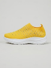 abordables Baskets femme-Baskets jaunes à strass pour femmes - chaussures respirantes en maille scintillante avec semelle EVA amortissante pour un usage quotidien et la marche &amp; voyage