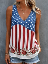  American Independence Day Women's Tank Graphic American Flag Fashion Sleeveless V Neck Regular Tops Casual Daily Beach Wear Blue Black Summer Spring