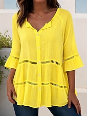 baratos Blusas Simples-Mulheres Blusa Renda Côr Sólida à moda Básico Casual Manga Longa Decote V Tops regulares Casual Diário Praia Branco Amarelo Vermelho Marron Verão Primavera Outono
