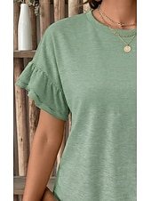 preiswerte Einfarbiges T-Shirt-Damen Sommeroberteile Rüsche Einfach Stilvoll Klassisch Kurzarm Rundhalsausschnitt Rundhals Lange Oberteile Lässig Täglich Ausgehen Schwarz Weiß Wein Grün Sommer Frühling