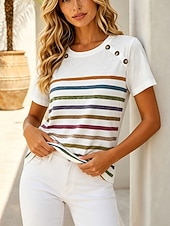 cheap Stripe&amp;Geometric tee-Women's T Shirt Buttons Graphic Striped Vintage Stylish Casual Short Sleeve Crew Neck Regular Tops Casual Daily Blue Black White Red Summer Spring