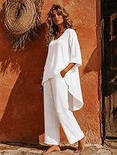 cheap Sets-Women's Cotton Linen Sets Pants Sets Bolero Long Sleeve Crew Neck Solid Color Fashion Streetwear Casual Daily Outdoor Blue Black White Summer Regular Fit