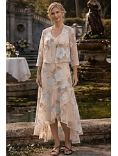 voordelige Jurkensets voor mama-Tweedelig A-lijn Over de knie Bruiloft gast jurk Moeder van de bruid jurk Mouwloos 3/4 mouw V-hals Elegant Eenvoudig Formeel Kentucky Derby Semi formeel Organza Jacquard Korte Jas Jurken met Geplooid