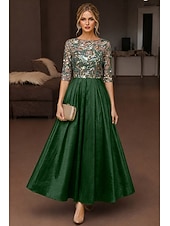 abordables Robes de cocktail-A-Line Ankle Length Tea Length Cocktail Dresses Elegant Sparkle Half Sleeve Boat Neck Wedding Cocktail Party Taffeta Stretch Satin with Lace Pleats Sequin