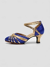 baratos Sapatos Para Dança de Salão &amp; Dança Moderna-Sapatos de dança de salão femininos, salto alto em cetim para salsa com tira cruzada no tornozelo, salto bloco de 5,5 cm (2,16") para tango, dança latina e apresentações de palco.