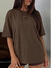 economico T-shirt semplice-Women's T Shirt Tee Top Solid Color Stylish Classic Casual Half Sleeve Crew Neck Regular Tops Daily Sports Going out Black White Pink Light Brown Coffee Summer Spring