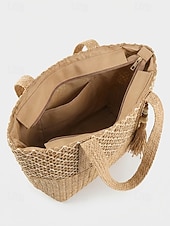 economico Borse da viaggio per vacanze-Borsa tote da donna in stile bohémien intrecciata, borsa a tracolla capiente color kaki beige da spiaggia con ciondolo a nappina, ideale per vacanze al mare, viaggi e abbigliamento casual quotidiano.