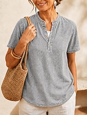 cheap Plain Blouses-SoftFade™ Women's 100% Cotton Henley Shirt Solid Color Vintage Fashion Stylish Short Sleeve V Neck Regular Tops Casual Beach Blue Khaki Black Purple Orange Summer Spring