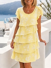 Недорогие Elegante blomsterkjoler-Women's Knee Length Dress Chiffon Dress Floral Dress Elegant Fashion Modern Vacation Party Weekend Regular Fit Floral Short Sleeve Crew Neck Blue Yellow Orange Green Summer Spring