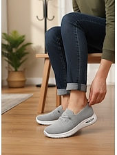 abordables Baskets femme-baskets en tricot grises à enfiler pour femmes avec semelle à coussin d'air - chaussures légères et respirantes pour la marche, les voyages et les vêtements décontractés