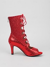 baratos Sapatos de Dança Latina-Botas de dança latina femininas vermelhas com glitter – sapatos de salto alto com cadarço e bico aberto para salsa e dança de salão. &amp;dança de tango