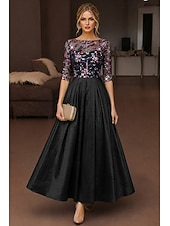 abordables Robes de cocktail-A-Line Ankle Length Tea Length Cocktail Dresses Elegant Sparkle Half Sleeve Boat Neck Wedding Cocktail Party Taffeta Stretch Satin with Lace Pleats Sequin