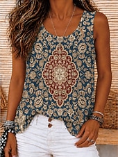  Women's Cold Shoulder Tops Bohemia Vintage Tropical Sleeveless Crew Neck Round Neck Long Tops Casual Black 1# Black 2# Red Summer Spring