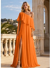 cheap Long Dresses &amp; Gowns-A-Line Floor Length Prom Dresses Elegant Sleeveless One Shoulder Formal Wedding Guest Stretch Chiffon with Ruffles Slit