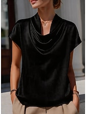 cheap Plain Blouses-Women's Lace Shirt Satin Top Draped Solid Color Plain Elegant Fashion Stylish Sleeveless Crew Neck Regular Tops Casual Beach Black White Wine Brown Summer
