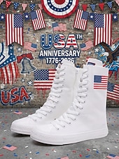  Women's White Patriotic High Top Canvas Sneakers – USA Flag Canvas Lace-Up Boots for Independence Day, Parade & Casual Streetwear