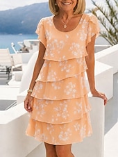 Недорогие Elegante blomsterkjoler-Women's Knee Length Dress Chiffon Dress Floral Dress Elegant Fashion Modern Vacation Party Weekend Regular Fit Floral Short Sleeve Crew Neck Blue Yellow Orange Green Summer Spring