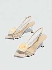 cheap Wedding Guest-Women's Apricot Satin Block Heel Sandals with Floral Rhinestone Straps for Garden Wedding Guest