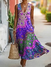 voordelige Afdrukken Bloemen Jurken-Dames Halflange jurk A lijn jurk Elegant Bohemen Etnisch Strand Feestdagen Normale pasvorm Bloemig Grafisch Mouwloos V-hals blauw Rood Paars Zomer Lente