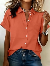cheap Plain Blouses-Women's Shirt Plain Elegant Vintage Daily Short Sleeve Long Tops Casual Daily Office Blue Black White Yellow Pink Summer Spring