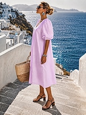 economico Vestiti-Per donna Abito Midi Abiti effetto lino Abito a Tubino Abito Camicia Abito Bianco Essenziale Moderno Quotidiano Vacanza Weekend Vestibilità comoda Semplice Manica 3/4 Scollo a V Blu Giallo Chiaro