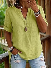 economico Bluse Semplici-Per donna Blusa Tinta unica Vintage Elegante Classico Manica Corta Scollo a V Top lunghi Casuale Quotidiano Blu Verde Beige Estate Primavera