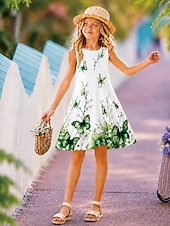 preiswerte 3D Schmetterlingskleid-Kinder Mädchen Kleid Grafik Schmetterling Ärmellos Lässig Party Leistung Lässig Schön Süß Polyester Knielang Shiftkleid Freizeitkleid Sommer Frühling 4-12 Jahre Blau Purpur Grün