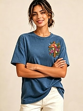  Per donna 100% cotone T-shirt ricamata Floreale Grafico Vintage Classico Casual Manica Corta Girocollo Top Regolari Casuale Quotidiano Weekend Blu Estate Primavera