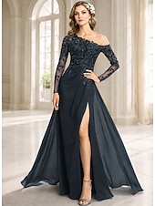 abordables Largo del piso-Funda Columna Vestidos Hasta el Suelo Vestido Invitada Boda Vestido formal Vestido de noche Vestido de Madrina Manga Larga Un Hombro Elegante Formal Gasa con Encaje Un Color