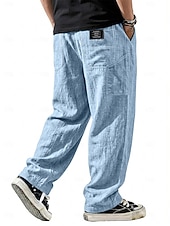 cheap Classic-Men's Linen Pants Trousers Casual Pants Summer Pants Baggy Pants Drawstring Pocket Elastic Waist Plain Comfort Lightweight Full Length Daily Outdoor Holiday Vacation Fashion Blue Black Inelastic