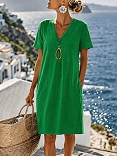  Vestido feminino de algodão e linho, comprimento até o joelho, modelo reto, ideal para o verão, casual e solto, com manga curta, decote em V, nas cores azul, amarelo e verde. Perfeito para a primavera e o verão.