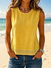 baratos Tanque Simples-Mulheres Camisa Social Blusa Franzido Bordado Vintage Sem Manga Gola Redonda Tops regulares Azul Branco Amarelo Azul Marinha Verão Primavera