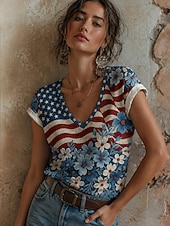 economico Magliette Giorno dell’Indipendenza-Giorno dell'Indipendenza Americana Per donna Maglietta Stampato Grafico Lettera Bandiera Americana Elegante Classico Casual Manica Corta Scollo a V Top Regolari Casuale Quotidiano Blu Nero e rosso