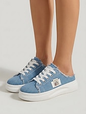 abordables Baskets femme-Mules compensées en denim bleu pour femme - chaussures à lacets à bords effilochés et semelle blanche, confortables et décontractées, idéales pour les voyages d'été et la marche. &amp;vêtements de tous