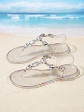 cheap Flat Sandals-Women's Clear Jelly Sandals with Sparkling Rhinestones - Elegant T-Strap Flat Sandals for Beach Vacations, Summer Weddings &amp; Tropical Resort Wear