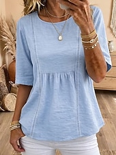 abordables Blusas Sencillas-Mujer Camisa Color sólido Moda Elegante Casual Media Manga Cuello Barco Tops regulares Casual Diario Azul Piscina Blanco Verano Primavera