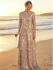 abordables Largo del piso-A-Line Floor Length Cocktail Dress Wedding Guest Dress Mother of the Bride Dress 3/4 Length Sleeve Crew Neck Elegant Formal Wedding Guest Semi Formal Foiled Jersey with Pleats Tier Cascading Ruffles