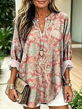 abordables Blusas Florales-Mujer Blusa Estampado Floral Graphic Vintage Diario Elegante Manga Larga Escote en Pico Tops regulares Casual Diario Rojo Morado Verano Primavera