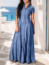 cheap Plain Dress-Women's Maxi Dress Sundress Vintage Vacation Regular Fit Pure Color Short Sleeve Shirt Collar Blue Light Blue Black Spring