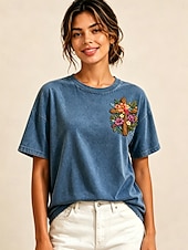  Per donna 100% cotone T-shirt ricamata Floreale Grafico Vintage Classico Casual Manica Corta Girocollo Top Regolari Casuale Quotidiano Weekend Blu Estate Primavera
