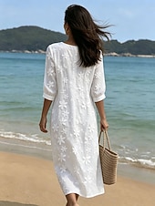 preiswerte Weiße Spitzenkleider-Damen Midikleid Spitzenkleid Freizeitkleid Lässig Strand Lässiger Schnitt Einfarbig Halbarm V Ausschnitt Weiß Sommer Frühling