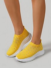 abordables Baskets femme-Baskets jaunes à strass pour femmes - chaussures respirantes en maille scintillante avec semelle EVA amortissante pour un usage quotidien et la marche &amp; voyage