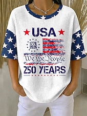 baratos Dia da Independência Top-Dia da Independência Americana Mulheres Camiseta Waffle Tops tricotados texturizados Gráfico Bandeira americana à moda Clássico Manga Curta Gola Redonda Tops regulares Casual Diário Azul Vermelho