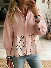 Mujer Camisa Encaje Elegante Bohemia Vacaciones Manga Larga Tops regulares Casual Diario Festivos Azul Piscina Rosa Beige Verano Primavera