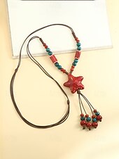 tanie Naszyjnik damski-Naszyjnik z wisiorkiem w kształcie gwiazdy w stylu boho dla kobiet, ręcznie robione kolorowe ceramiczne koraliki, regulowana biżuteria na długim łańcuszku na ogrodowe przyjęcie, wakacje na plaży,