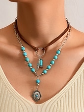 economico Collana da donna-collana da donna bohémien a strati con perline turchesi, catena d'argento e piuma &amp;Ciondolo a forma di fiore, cinturino in finta pelle scamosciata, casual e da vacanza
