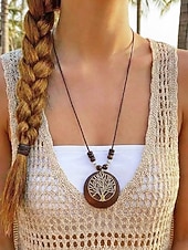 voordelige Dames ketting-Dames boho lange hangerketting - vintage hout &amp;Truienketting van legeringskralen met bladmotief &amp;Levensboom bedeltjes voor een zomervakantie aan het strand, of als casual kleding voor elke dag.