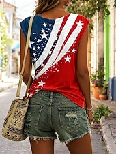baratos Dia da Independência Top-Dia da Independência Americana Mulheres Blusa Imprimir Gráfico Bandeira Vintage Roupa de rua à moda Sem Manga Decote V Tops regulares Casual Diário Vermelho Verão Primavera